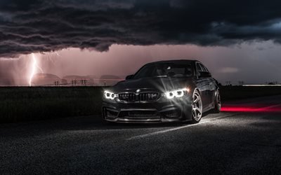BMW M3, fari, 2017 auto, F80, grigio m3, auto tedesche, BMW