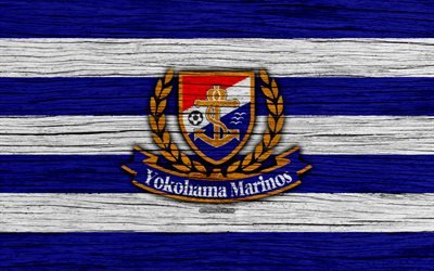 Yokohama Marinos, 4k, emblem, J-League, wooden texture, Japan, Yokohama Marinos FC, soccer, football club, logo, FC Yokohama Marinos
