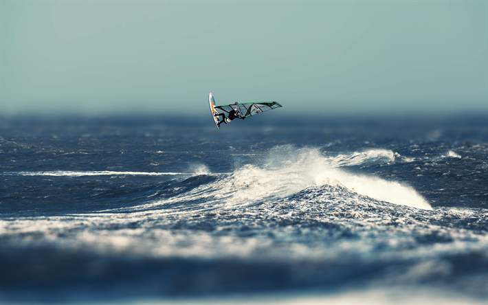 windsurf, 4k, voar, mar, ondas, extrema
