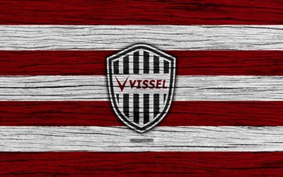 Vissel Kobe, 4k, emblema, J-League, textura de madeira, Jap&#227;o, Vissel Kobe FC, futebol, clube de futebol, logo, FC Vissel Kobe