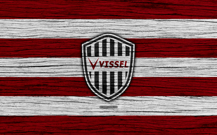 Vissel Kobe, 4k, emblema, J-League, di legno, texture, Giappone, Vissel Kobe FC, calcio, football club, logo, FC Vissel Kobe