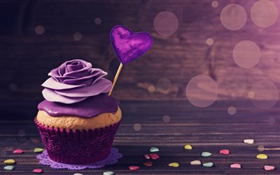 Valentines Day, February 14, cupcake, cake with purple cream, heart