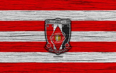 Urawa Red Diamonds, 4k, emblem, J-League, wooden texture, Japan, Urawa Red Diamonds FC, soccer, football club, logo, FC Urawa Red Diamonds