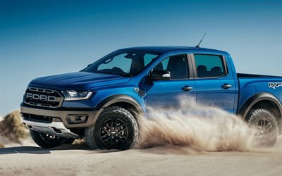 Ford Ranger Raptor, 2018, 4k, uusi sininen lava-auto, Amerikkalaisten autojen, blue Ranger Raptor