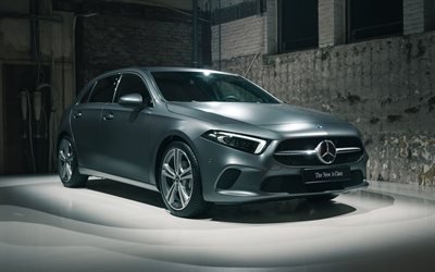 Mercedes-Benz A-Class, 2018, front view, 4k, new hatchback, gray A-Class, German cars, Mercedes