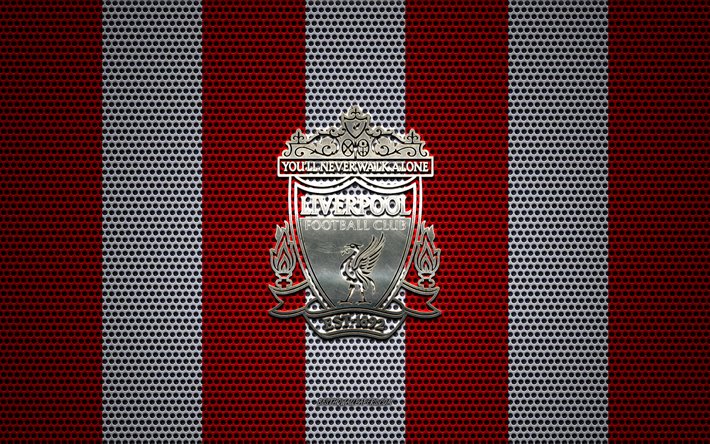 Liverpool FC logo, İngiliz Futbol Kul&#252;b&#252;, metal amblem, kırmızı beyaz metal kafes arka plan, Liverpool FC, İngiltere Premier Ligi, Liverpool, İngiltere, futbol