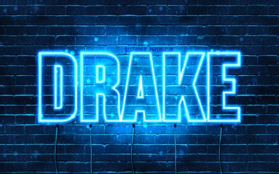 Drake, 4k, tapeter med namn, &#246;vergripande text, Drake namn, bl&#229;tt neonljus, bild med Drake namn