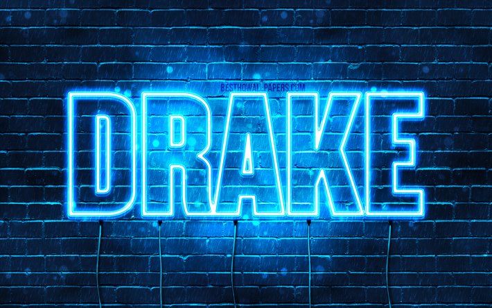 Drake, 4k, pap&#233;is de parede com os nomes de, texto horizontal, Drake nome, luzes de neon azuis, imagem com o nome de Drake