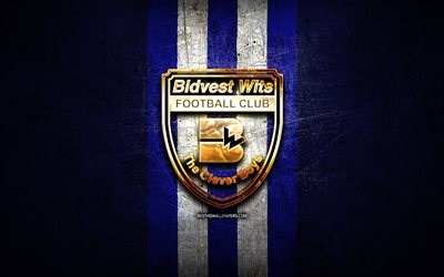 Bidvest Wits FC, golden logo, Premier Soccer League, blue metal background, football, Bidvest Wits, PSL, South African football club, Bidvest Wits logo, soccer, South Africa