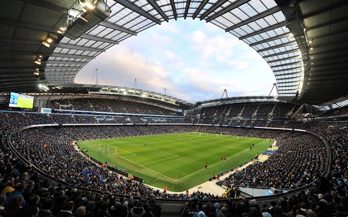 All&#39;Etihad Stadium, City of Manchester Stadium, Manchester City FC Stadium, vista interna, campo da calcio, Manchester, Inghilterra