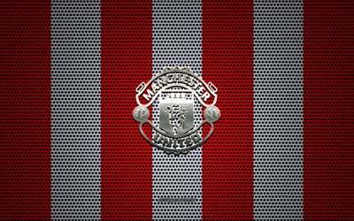 manchester united fc logo, english football club, metall-emblem, rot-wei&#223;en metall mesh-hintergrund, manchester united fc, premier league, manchester, england, fu&#223;ball
