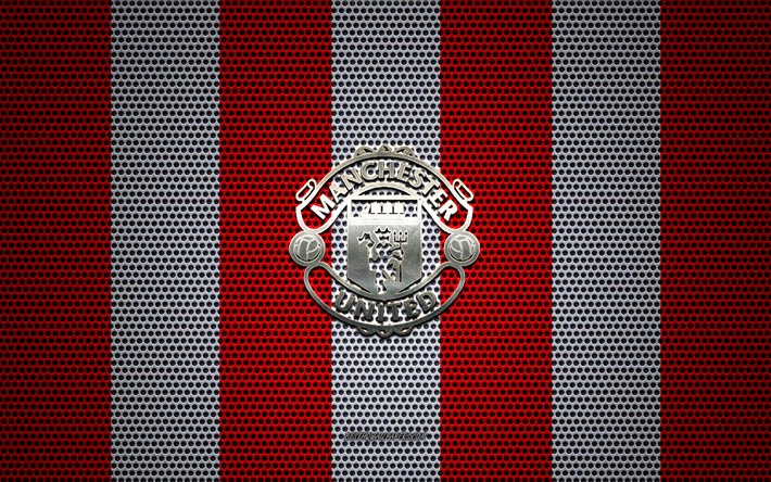 Manchester United FC logo, English football club, metal emblem, red white metal mesh background, Manchester United FC, Premier League, Manchester, England, football