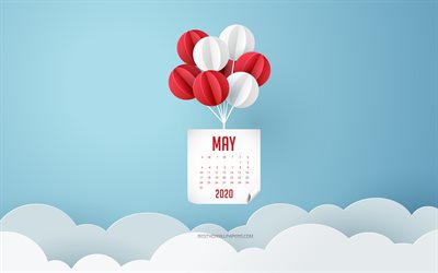 2020 können kalender, blauer himmel, weiße und rote luftballons, mai 2020 kalender, 2020 konzepte, 2020 frühling-kalender, kann