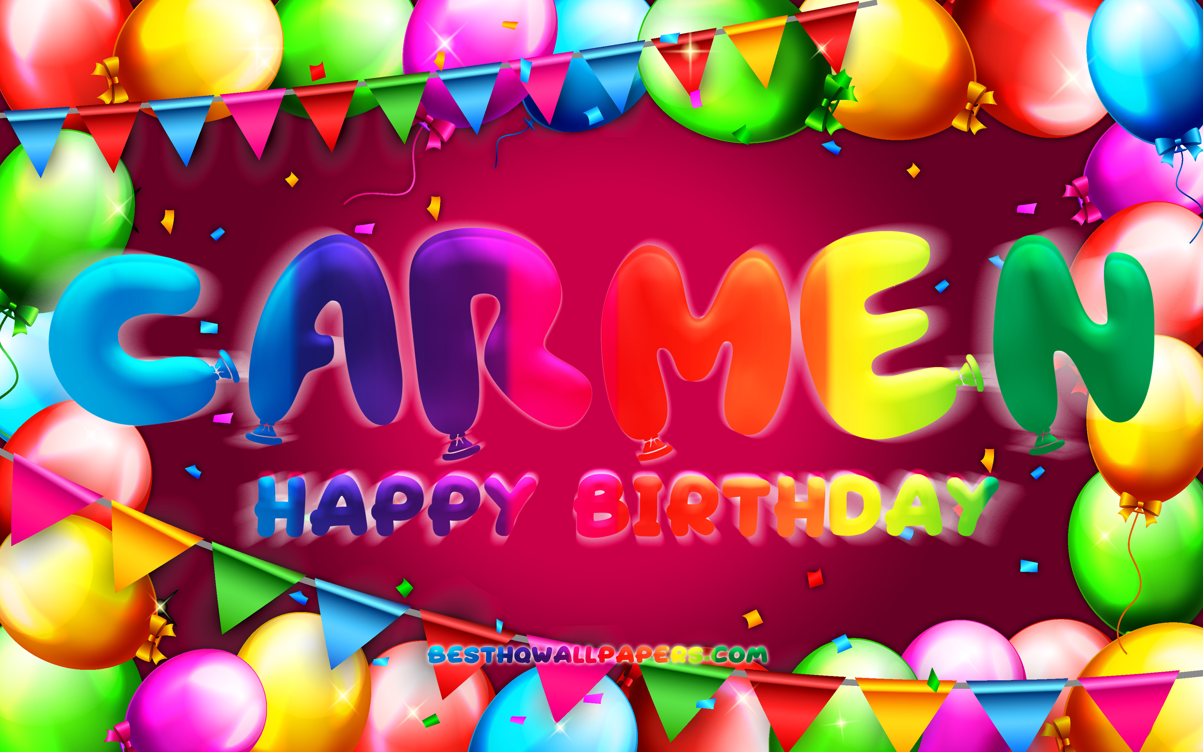Happy Birthday Carmen, 4k, colorful balloon frame, Carmen name, purple back...
