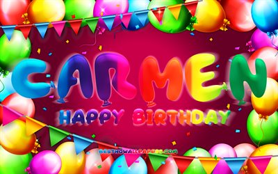 Happy Birthday Carmen, 4k, colorful balloon frame, Carmen name, purple background, Carmen Happy Birthday, Carmen Birthday, popular spanish female names, Birthday concept, Carmen