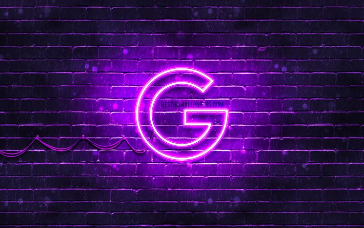 Google violet logo, 4k, violet brickwall, Google logo, brands, Google neon logo, Google