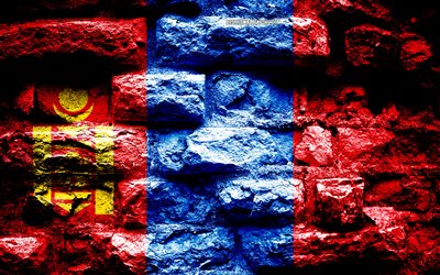 Empire of Mongolia, grunge brick texture, Flag of Mongolia, flag on brick wall, Mongolia, flags of Asian countries
