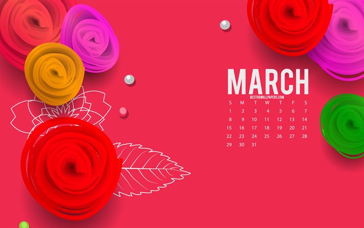 2020 Mars Kalender, r&#246;d blommig bakgrund, papper rosor, Mars, 2020 v&#229;ren kalendrar, rosor, Mars 2020 kalender