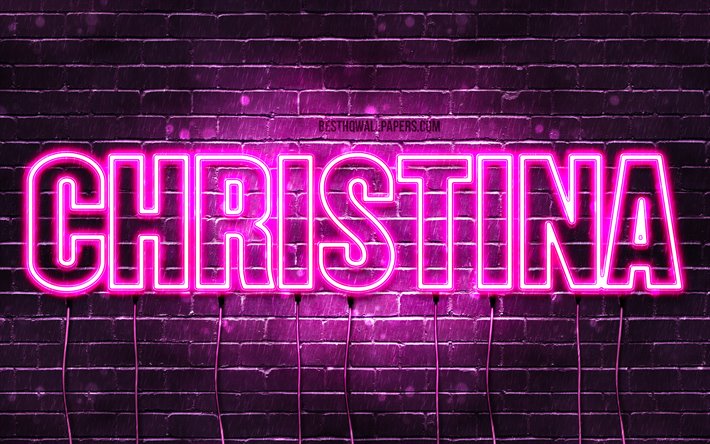 Christina, 4k, wallpapers with names, female names, Christina name, purple neon lights, horizontal text, picture with Christina name