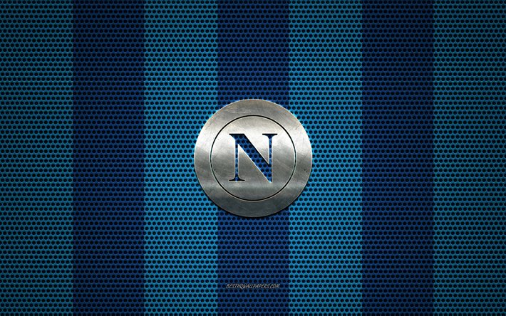 SSC Napoli logo, Italian football club, metal emblem, blue metal mesh background, SSC Napoli, Serie A, Naples, Italy, football