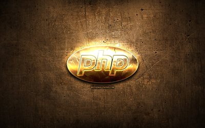 php-golden logo, programmiersprache, braun-metallic hintergrund, kreativ, php, logo, programmierung, sprache, zeichen