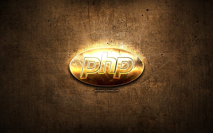 PHP golden logotyp, programmeringsspr&#229;k, brun metall bakgrund, kreativa, PHP-logotypen, programmeringsspr&#229;k tecken, PHP