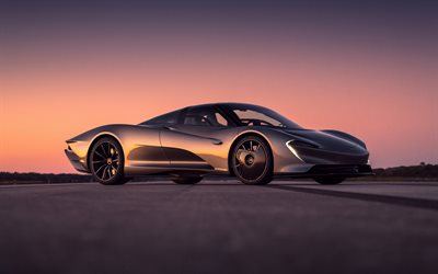 McLaren Speedtail Conceito, 2020, vista frontal, carro, p&#244;r do sol, novo tom de cinza Speedtail Conceito, Brit&#226;nica de carros esportivos, McLaren