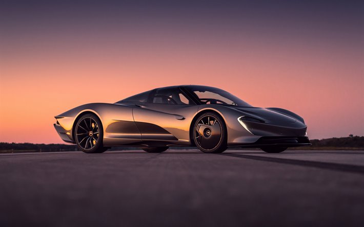 McLaren Speedtail Concepto de 2020, vista de frente, alquiler, puesta de sol, nuevo gris Speedtail Concepto, coches deportivos Brit&#225;nicos de McLaren