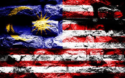 Impero della Malesia, grunge texture di mattoni, Bandiera della Malesia, bandiera su un muro di mattoni, la Malesia, le bandiere dei paesi Asiatici