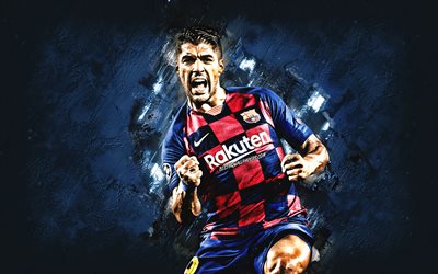 Luis Suarez, O FC Barcelona, retrato, Uruguaia de futebol player, a pedra azul de fundo, A Liga, Espanha, Catalunha, futebol