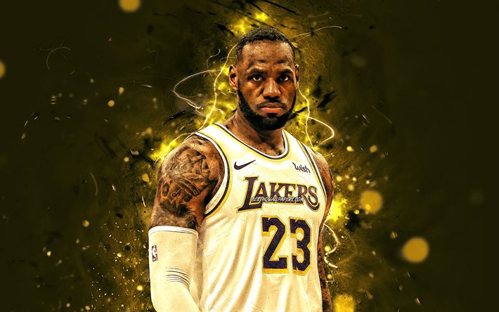 LeBron James, 2020, NBA, Los Angeles Lakers, vit uniform, basket stj&#228;rnor, LeBron Raymone James Sr, neon lights, basket, LA Lakers, kreativa, LeBron James Lakers
