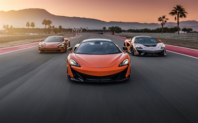 McLaren 720S, 2020, McLaren 600LT, McLaren 620R, voitures de course, voitures de sport, orange 600LT, orange 720S, voitures de sport Britanniques, McLaren