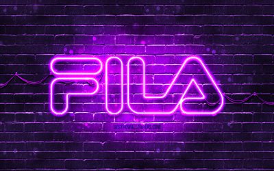 Fila violet logo, 4k, violet brickwall, Fila logo, brands, Fila neon logo, Fila