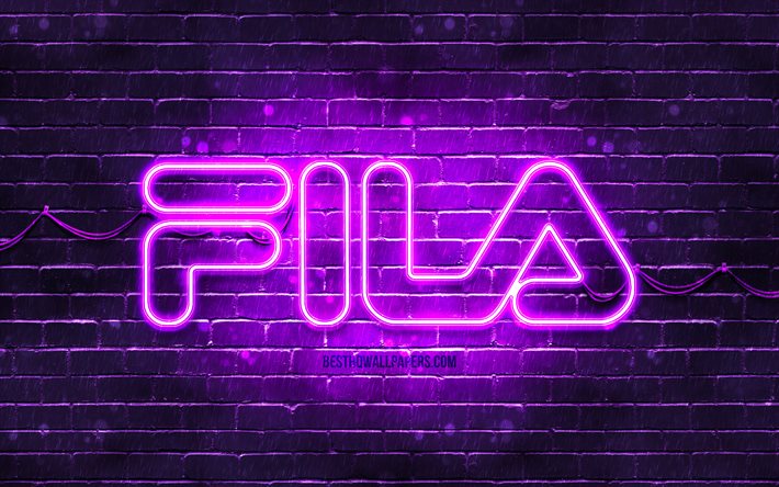 Fila viola logo, 4k, viola, brickwall, il logo Fila, marche, Fila di neon logo, Fila