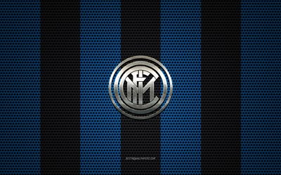 FC Internazionale logo, Italian football club, metal emblem, blue black metal mesh background, FC Internazionale, Serie A, Milan, Italy, football, Inter Milan logo