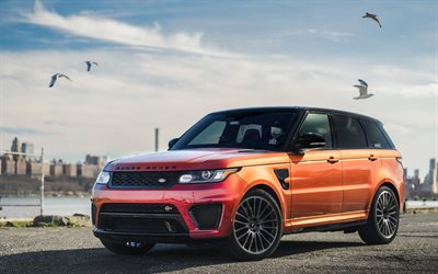 Land Rover Range Rover Sport, Exterior, Front View, Orange SUV, Orange Range Rover Sport SVR, British Cars, Land Rover