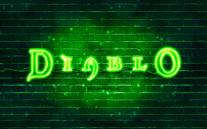 Logo vert Diablo, 4k, mur de briques vert, logo Diablo, marques de jeux, logo n&#233;on Diablo, Diablo
