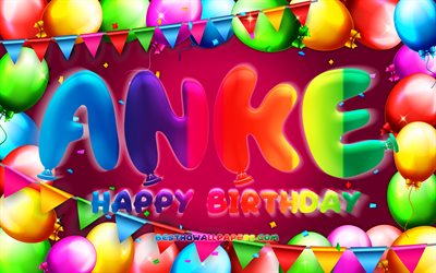 誕生日おめでとう, 4k, カラフルなバルーンフレーム, アンケ名, 紫の背景, アンケの誕生日, 人気のドイツの女性の名前, 誕生日のコンセプト, アンケ