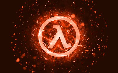 Half-Life orange logo, 4k, orange neon lights, creative, orange abstract background, Half-Life logo, games logos, Half-Life