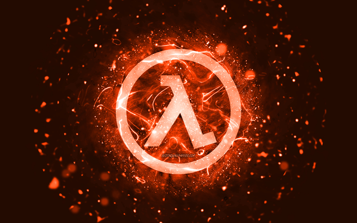 Logo Half-Life arancione, 4k, luci al neon arancioni, creativo, sfondo astratto arancione, logo Half-Life, loghi giochi, Half-Life