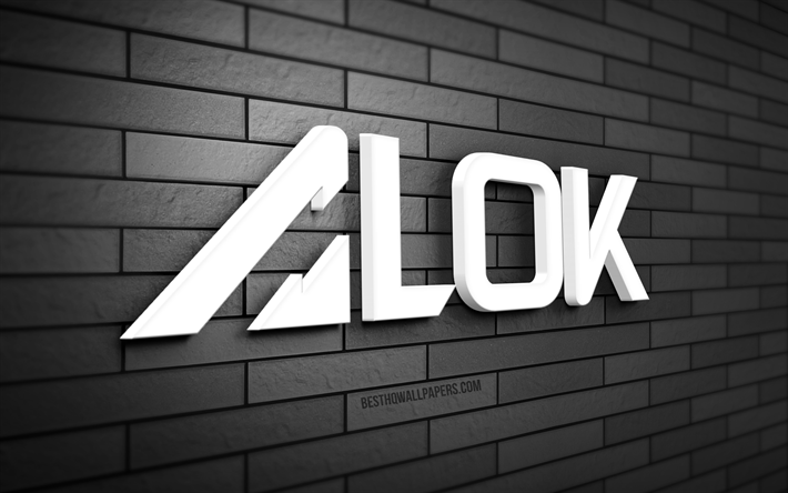 Logo Alok 3D, 4K, Alok Achkar Peres Petrillo, muro di mattoni grigi, creativo, stelle della musica, logo Alok, DJ Alok, DJ brasiliani, arte 3D, Alok