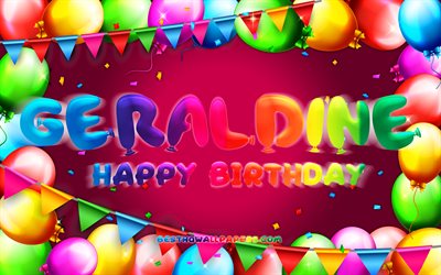 お誕生日おめでとうジェラルディン, 4k, カラフルなバルーンフレーム, ジェラルディンの名前, 紫の背景, ジェラルディンお誕生日おめでとう, ジェラルディンの誕生日, 人気のドイツの女性の名前, 誕生日のコンセプト, ジェラルディーン