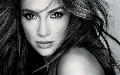 Jennifer Lopez, American singer, portrait, monochrome, actress, make-up
