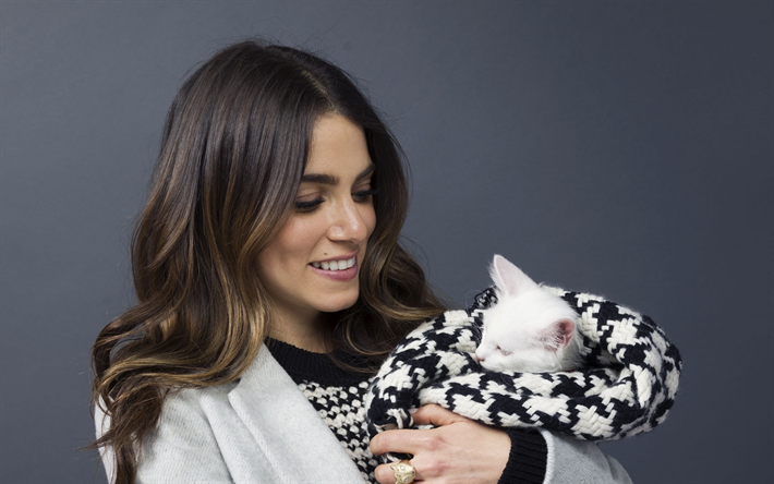 Nikki Reed, photoshoot, american actress, hollywood, woman with white cat