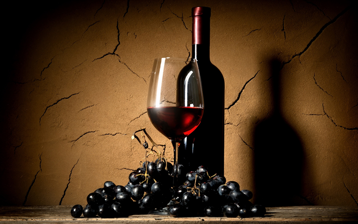 vin rouge, bouteille de vin, un verre de vin, des raisins, cave &#224; vin