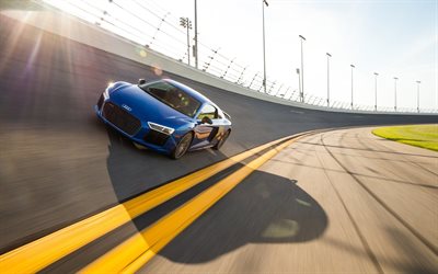 Audi R8, 4k, pista de carreras, 2018 coches, supercars, los coches alemanes, el Audi