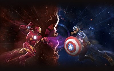 Captain America, Iron Man, superheroes, art, fight
