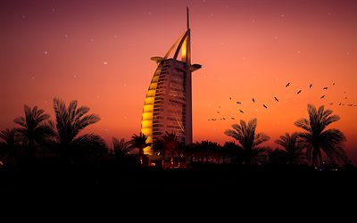 Burj Al Arab, 4k, puesta de sol, Dubai, EMIRATOS &#225;rabes unidos, Emiratos &#193;rabes Unidos