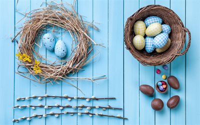 Easter, nest, Easter eggs, chocolates, decoration, Happy Easter