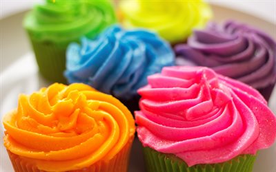 renkli cupcakes, renkli krema, hamur işleri, tatlılar, pastalar